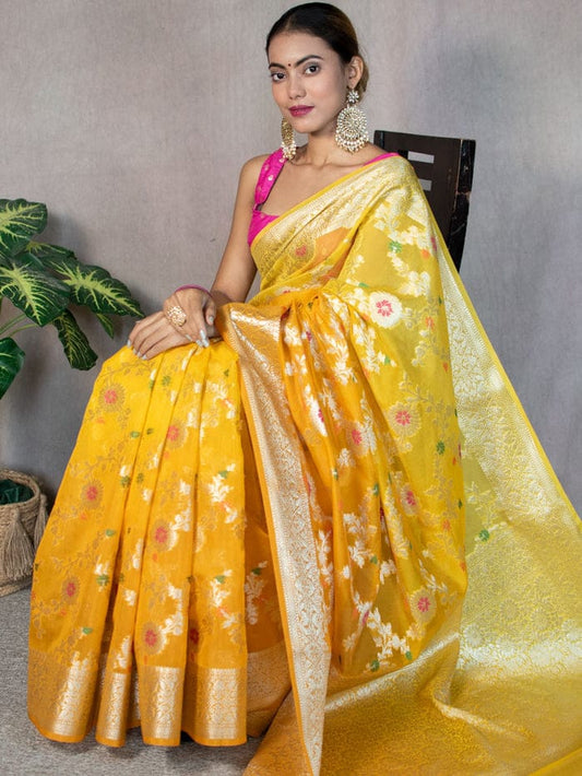 Banarasi Georgette Minakari work saree in yellow color